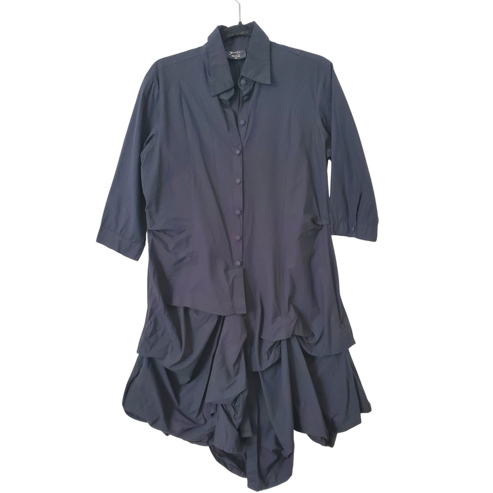 Yashi Black 100% Cotton Shirt Dress Asymmetrical‎ Ruched Lagenlook Art To Wear